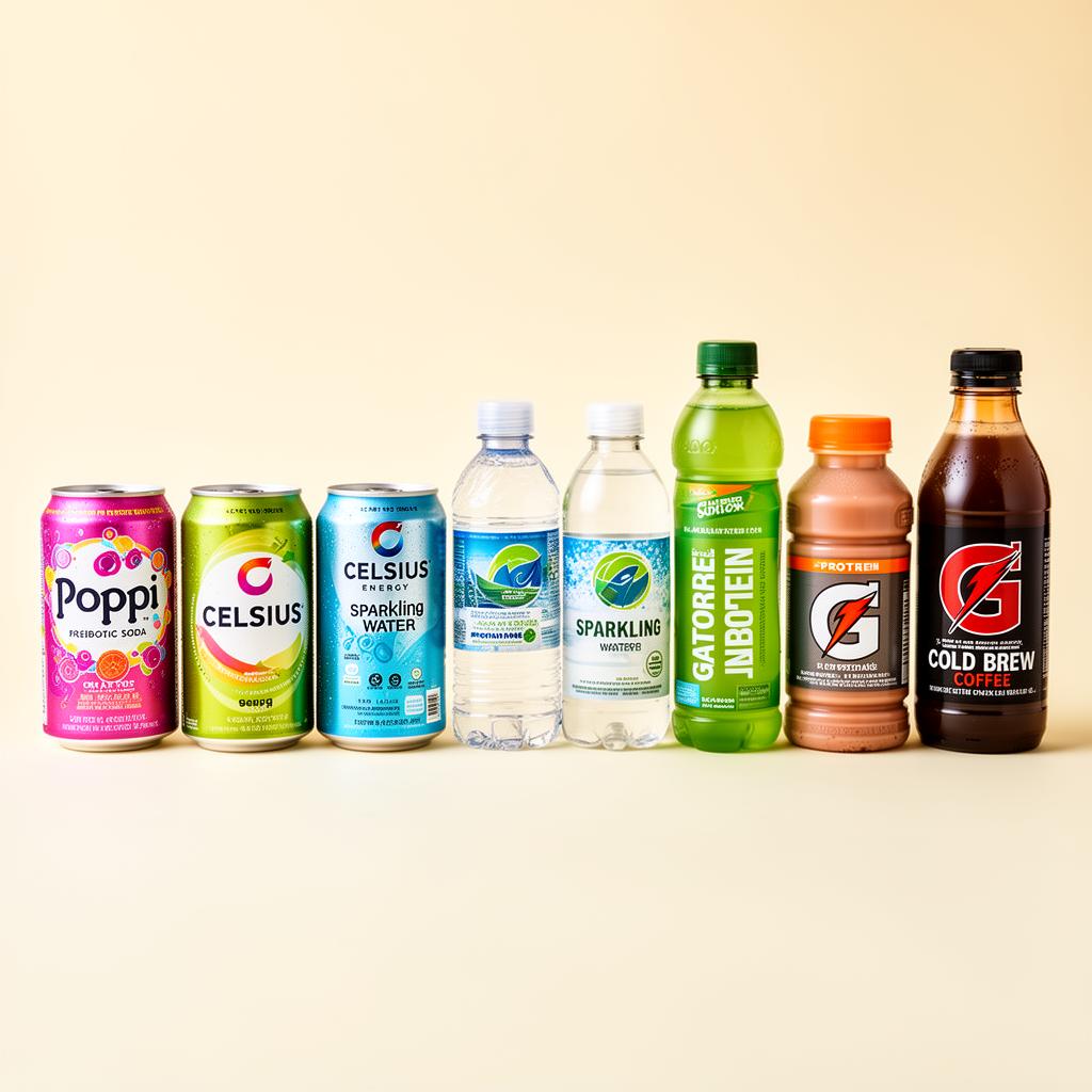 Premium cold beverages — Poppi, Celsius, sparkling water, and cold brew.