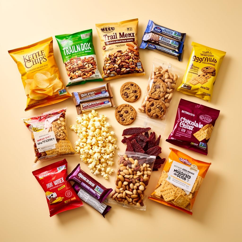 Curated smart market snack selection — chips, cookies, jerky, and trail mix.